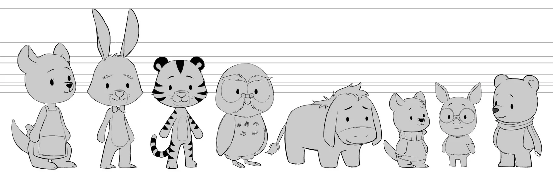 Original character sketches of Pooh, Roo and their friends
